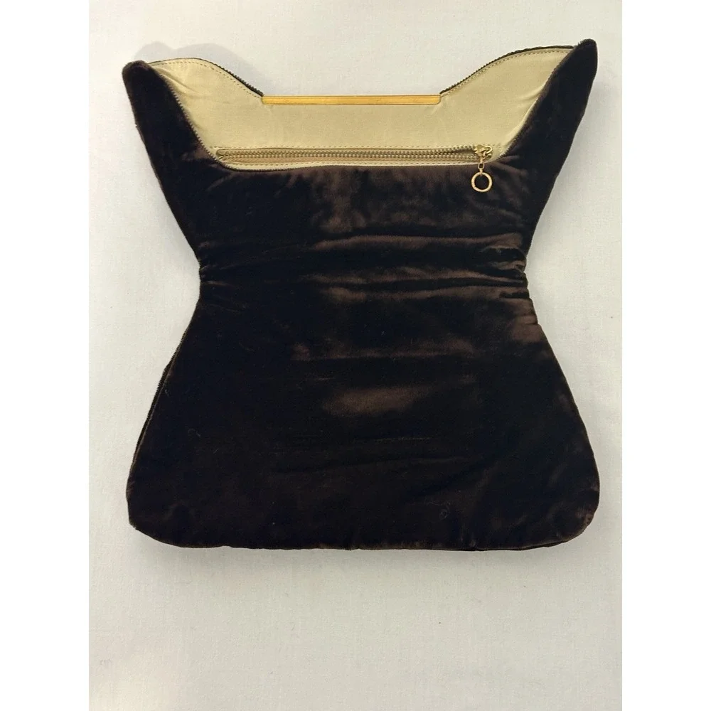 Vintage 50s Brown Velvet Fold Over Clutch Dance Purse Vanity Bag Compact‎